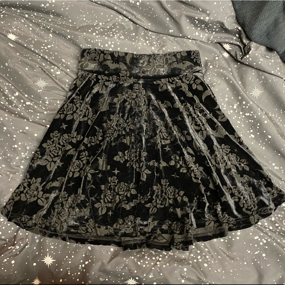 Killstar Crescent Nights Skater Skirt - Black Burnout Velvet